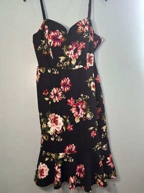 AUW Black Floral Spaghetti-Strap Midi Dress